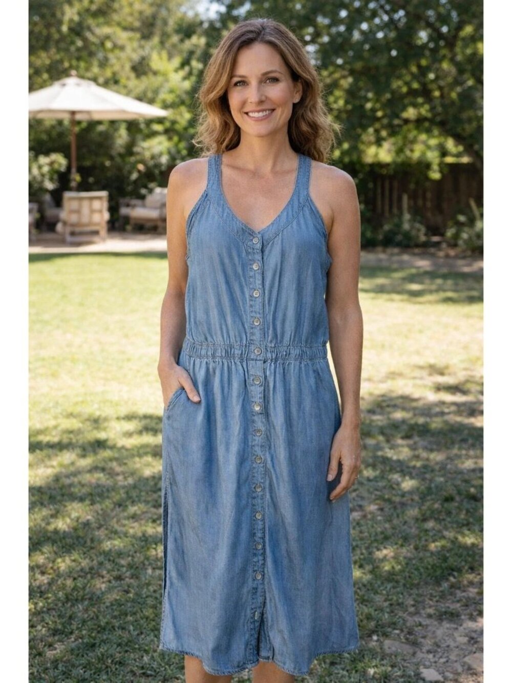 J. Jill Chambray XS Sleeveless tank Blue Dress with Pockets Button-Up
